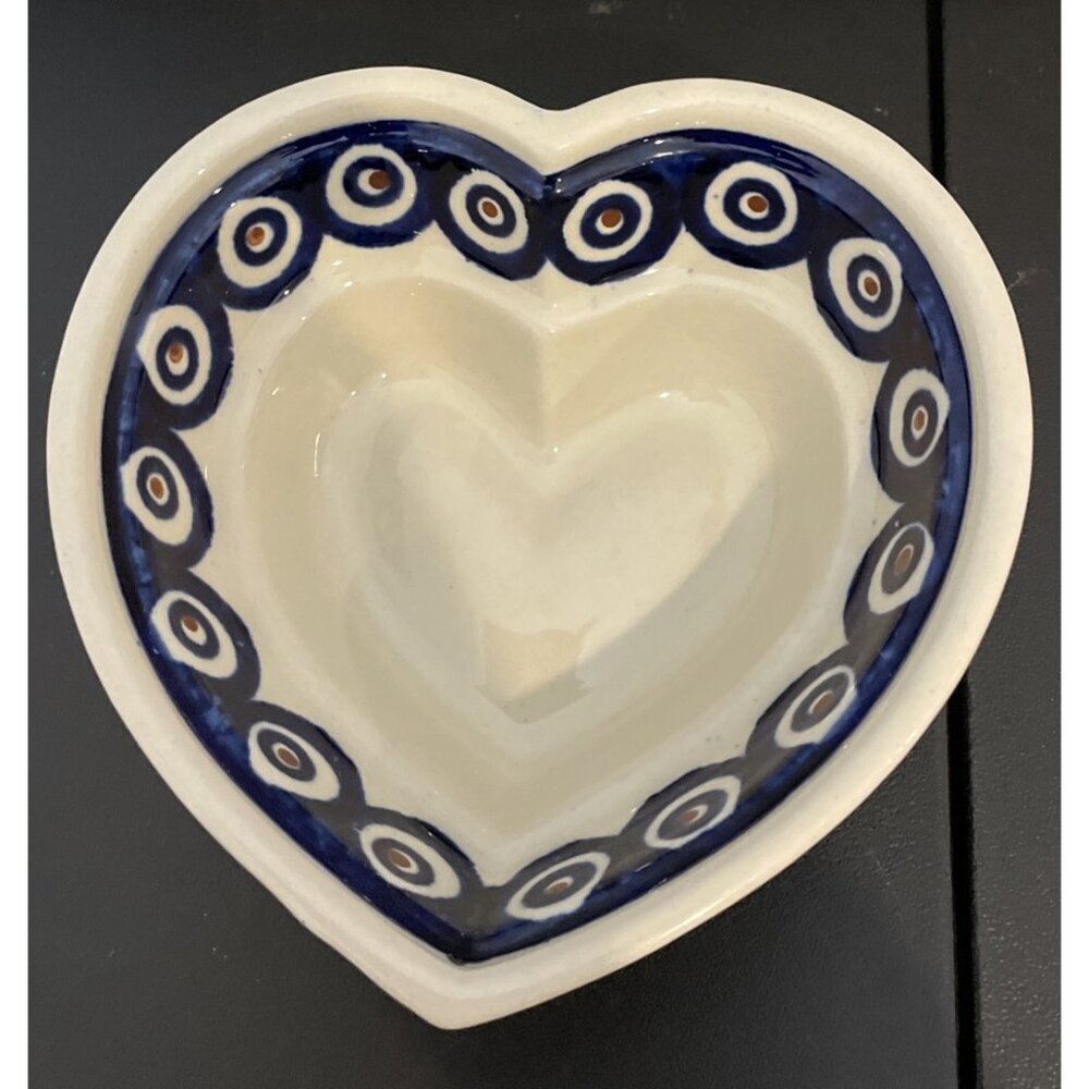 Boleslawiec Polish Art Pottery Heart Shaped Bowls Baker Mold Blue Dots Set Of 2 - Picture 2 of 7